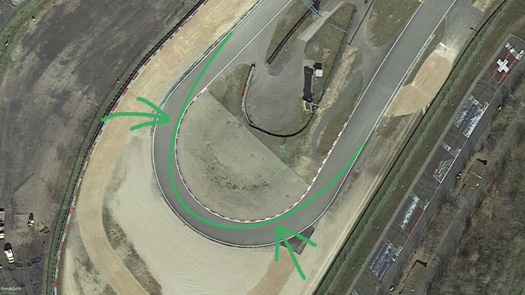 Dunlop Kehre at the Nürburgring Grand Prix Circuit showing a double apex.