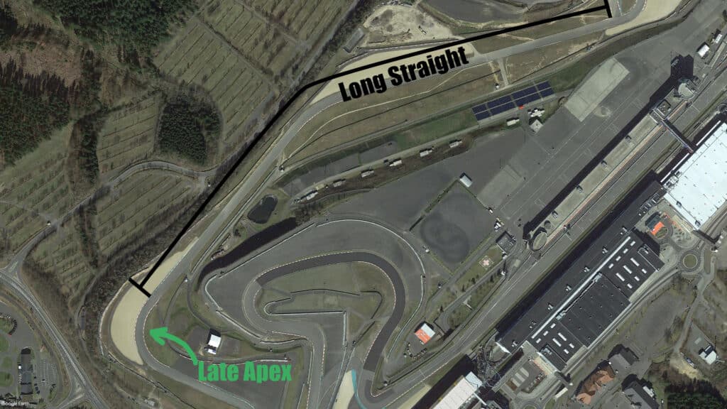 The Bilstein Kurve at the Nürburgring Grand Prix Circuit is a classic example for a late apex, since afterwards a long flat-out section occurs.